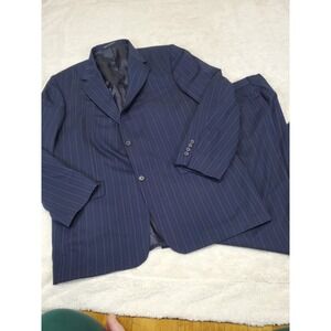 Lands End Navy Blue Pinstripe Office Wool Suit Jacket 46L Pant 37R Classic